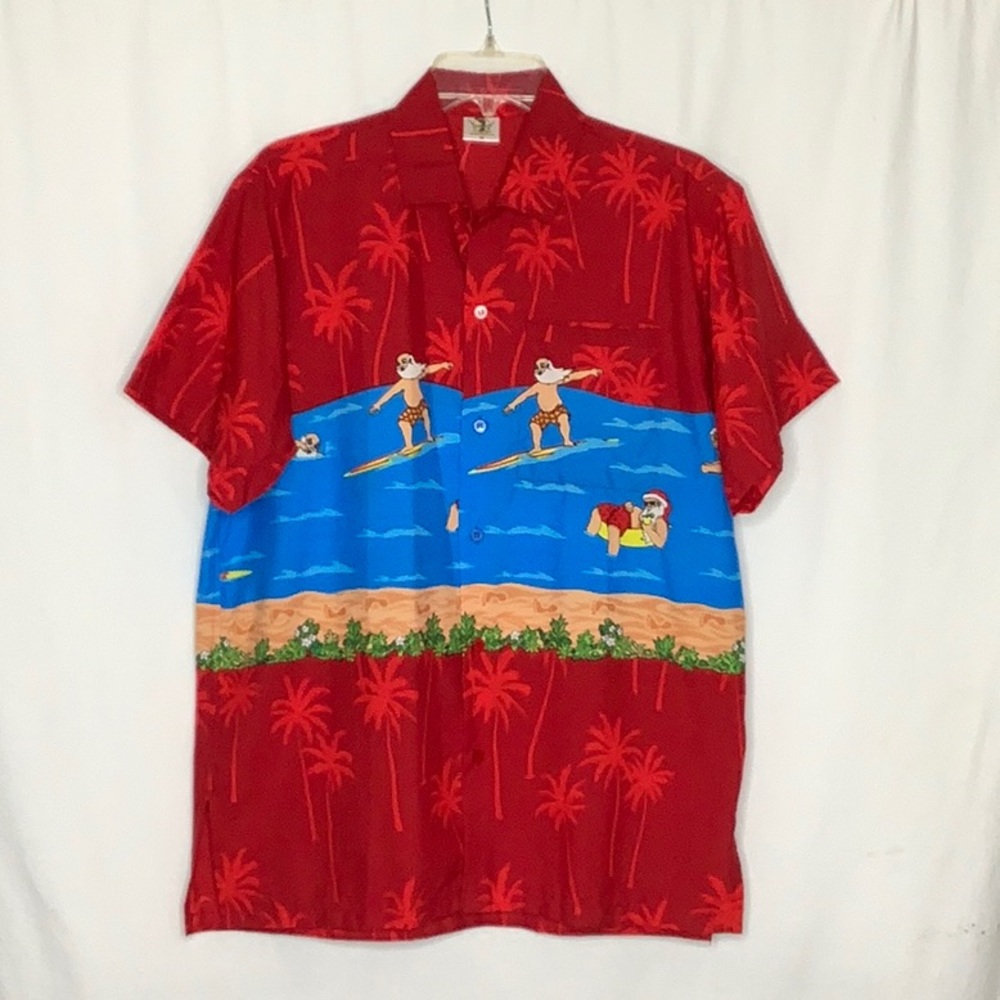 Barefoot Attitude Surfing Santa Button Down Shirt Size M